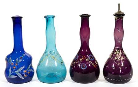 VICTORIAN ENAMEL-DECORATED GLASS BARBER'S / BITTERS BOTTLES, LOT OF FOUR