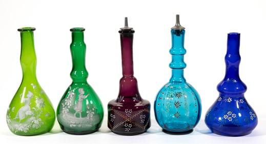 VICTORIAN ENAMEL-DECORATED GLASS BARBER'S / BITTER'S BOTTLES INCLUDING TWO MARY GREGORY (SO-CALLED),
