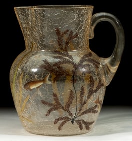 BOHEMIAN ENAMEL-DECORATED CRACKLE GLASS PITCHER