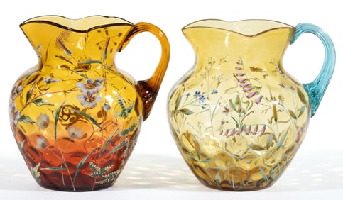 VICTORIAN SPOT-OPTIC AND ENAMEL DECORATED WATER PITCHERS, LOT OF TWO