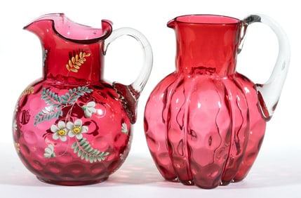 VICTORIAN CRANBERRY SPOT-OPTIC GLASS WATER PITCHERS, LOT OF TWO