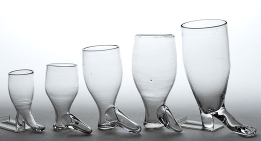 FREE-BLOWN FIGURAL BOOTS / STIRRUP CUPS, LOT OF FIVE