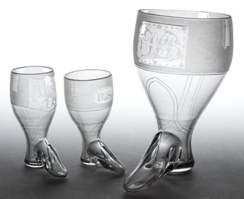 FREE-BLOWN FIGURAL BOOTS / STIRRUP CUPS, LOT OF THREE