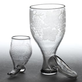 FREE-BLOWN FIGURAL BOOTS / STIRRUP CUPS, LOT OF TWO