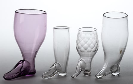 FREE-BLOWN FIGURAL BOOTS / STIRRUP CUPS, LOT OF FOUR