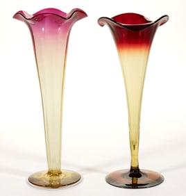 NEW ENGLAND GLASS CO. / LIBBEY AMBERINA GLASS TRUMPET VASES, LOT OF TWO