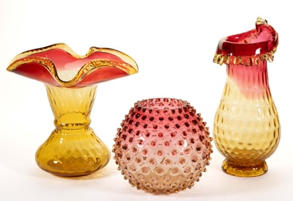ASSORTED AMBERINA VASES / TABLE ARTICLES, LOT OF THREE