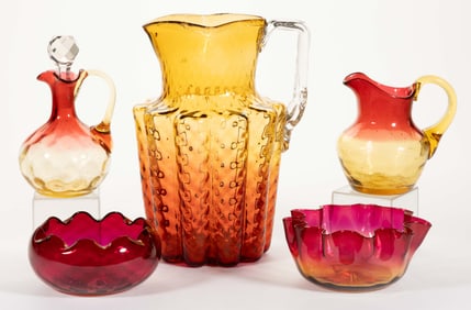 ASSORTED VICTORIAN AMBERINA ART GLASS TABLE ARTICLES, LOT OF FIVE