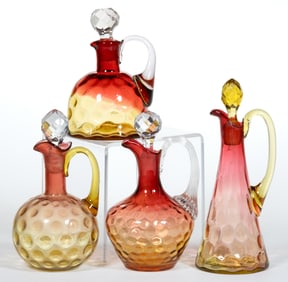 VICTORIAN AMBERINA OPTIC-PATTERN CRUETS, LOT OF FOUR