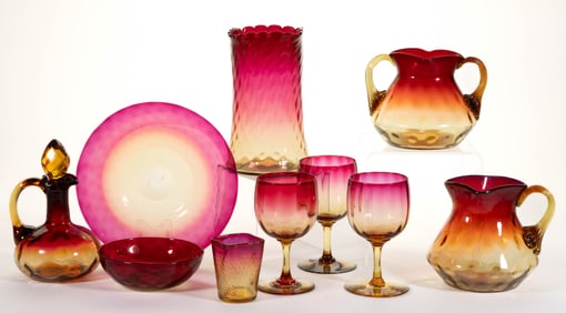 VICTORIAN AMBERINA OPTIC-PATTERN ARTICLES, LOT OF NINE