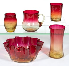 ASSORTED AMBERINA GLASS ARTICLES, LOT OF FIVE