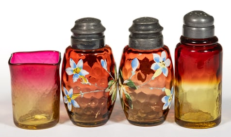 AMBERINA GLASS CONDIMENT ARTICLES, LOT OF FOUR