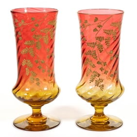 AMBERINA SWIRL-OPTIC VASES, LOT OF TWO