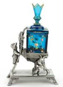 VICTORIAN ENAMEL-DECORATED PUFF BOX / COVERED DRESSER JAR IN FIGURAL QUADRUPLE PLATE STAND