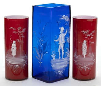 VICTORIAN ENAMEL-DECORATED MARY GREGORY (SO-CALLED) VASES, LOT OF THREE