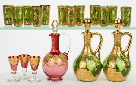 BOHEMIAN GILT AND ENAMEL-DECORATED CORDIAL / LIQUEUR DRINKING SETS, LOT OF TWO