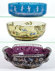 VICTORIAN ENAMEL-DECORATED GLASS BOWLS, LOT OF THREE