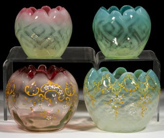 ASSORTED VICTORIAN VASELINE GLASS ROSE BOWLS, LOT OF FOUR