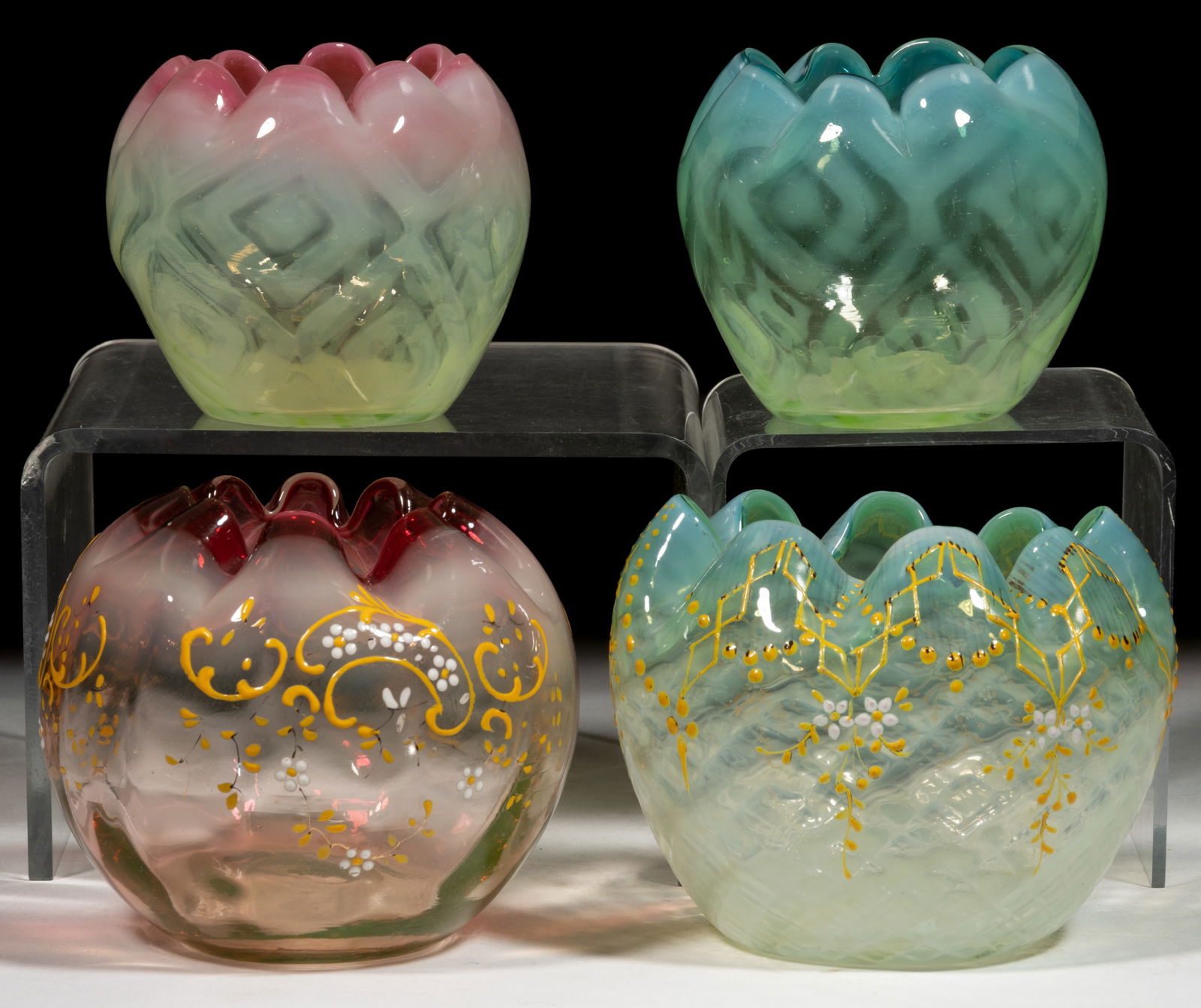 ASSORTED VICTORIAN VASELINE GLASS ROSE BOWLS, LOT OF FOUR (1 of 1)