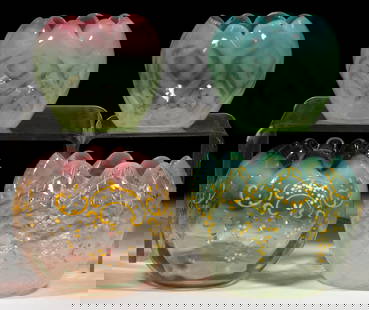 ASSORTED VICTORIAN VASELINE GLASS ROSE BOWLS, LOT OF FOUR: ASSORTED VICTORIAN VASELINE GLASS ROSE BOWLS, LOT OF FOUR, Vaseline (reacts under black light) having cased/shaded rims of various colors, all with optic-molded or opalescent patterns, including two M