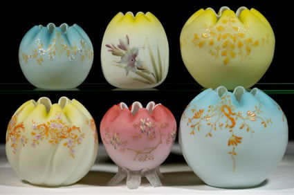 ASSORTED VICTORIAN ENAMEL-DECORATED SATIN GLASS ROSE BOWLS, LOT OF SIX