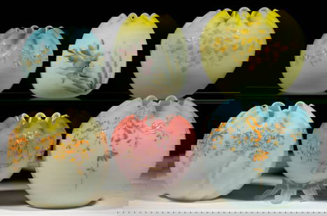 ASSORTED VICTORIAN ENAMEL-DECORATED SATIN GLASS ROSE BOWLS, LOT OF SIX: ASSORTED VICTORIAN ENAMEL-DECORATED SATIN GLASS ROSE BOWLS, LOT OF SIX, cased and/or shaded various colors with opal interiors and polychrome-enamel floral decorations to bodies, including a yellow Sw
