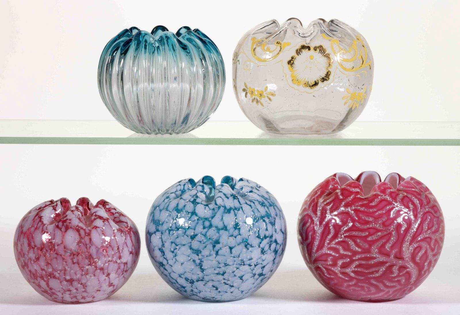 ASSORTED VICTORIAN GLASS ROSE BOWLS, LOT OF FIVE (1 of 1)