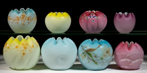 ASSORTED VICTORIAN SATIN GLASS ROSE BOWLS, LOT OF EIGHT