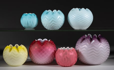 ASSORTED VICTORIAN AIR-TRAP MOTHER-OF-PEARL SATIN GLASS ROSE BOWLS, LOT OF SEVEN