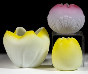 ASSORTED VICTORIAN SATIN GLASS ROSE BOWLS, LOT OF THREE