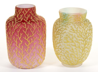 VICTORIAN CORALENE-DECORATED ART GLASS VASES, LOT OF TWO