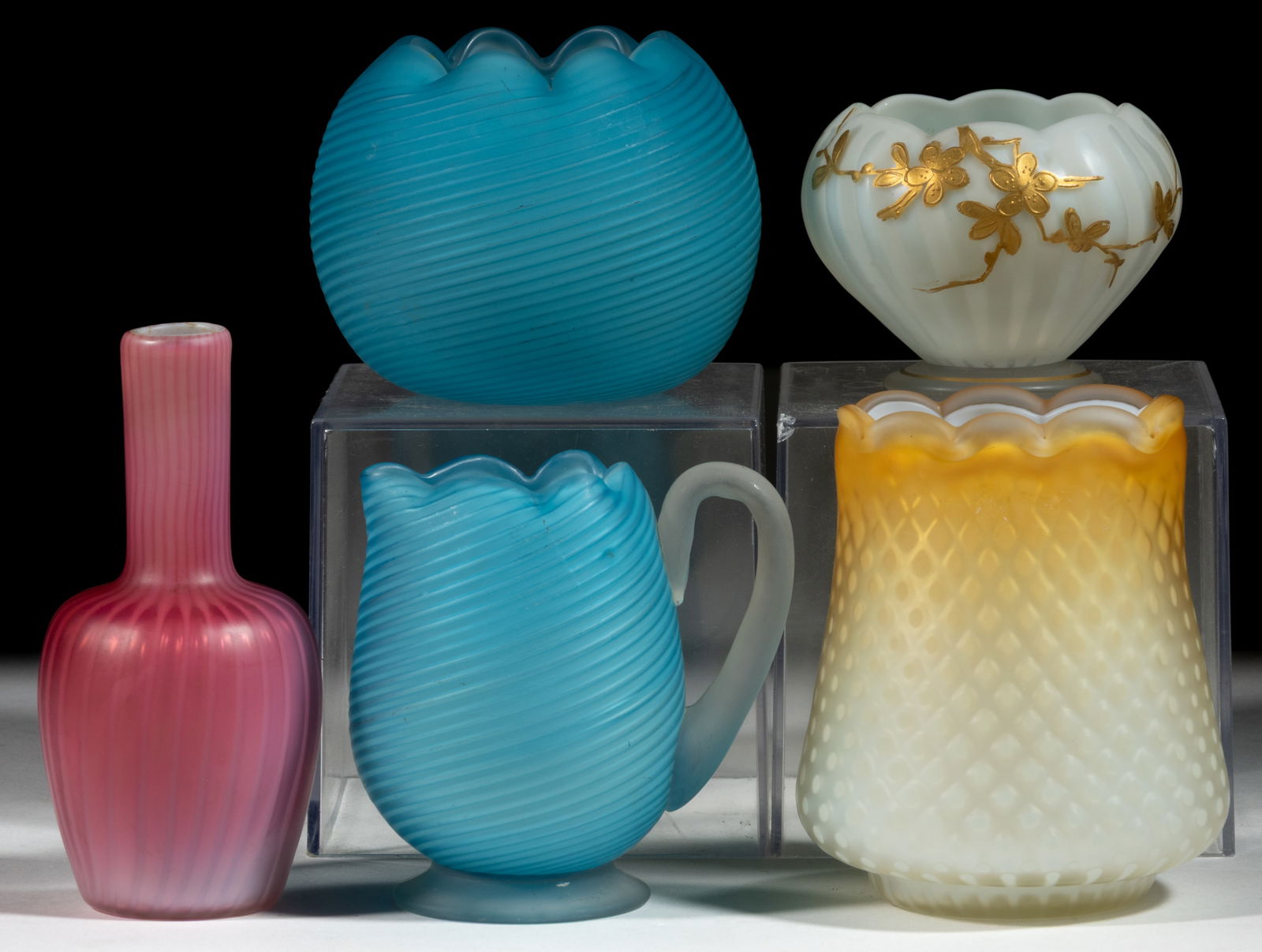 ASSORTED VICTORIAN AIR-TRAP MOTHER-OF-PEARL SATIN ART GLASS VASES / ARTICLES, LOT OF FIVE (1 of 1)