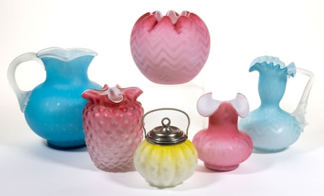 ASSORTED VICTORIAN AIR-TRAP MOTHER-OF-PEARL SATIN ART GLASS TABLE ARTICLES, LOT OF SIX