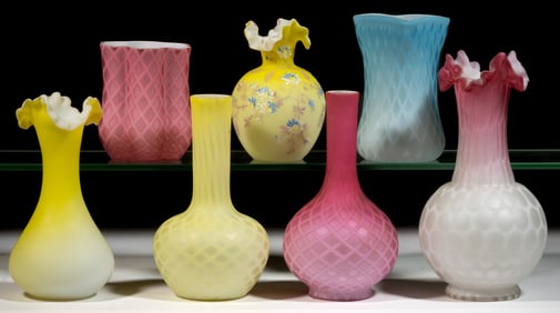 ASSORTED VICTORIAN AIR-TRAP AND OTHER SATIN GLASS VASES, LOT OF SEVEN