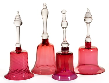 FREE-BLOWN AND PATTERN-MOLDED WEDDING / WHIMSY HAND BELLS, LOT OF FOUR