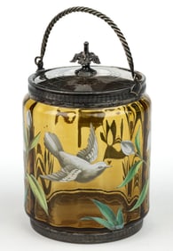 VICTORIAN ENAMEL-DECORATED PANEL-OPTIC MOLDED GLASS BISCUIT / CRACKER JAR