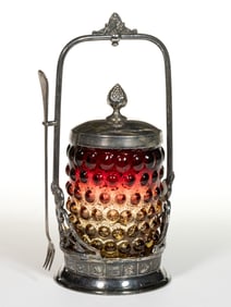 VICTORIAN BLOWN-MOLDED HOBNAIL AMBERINA PICKLE CASTER