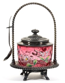 VICTORIAN SPOT-OPTIC AND ENAMEL-DECORATED GLASS PICKLE CASTER