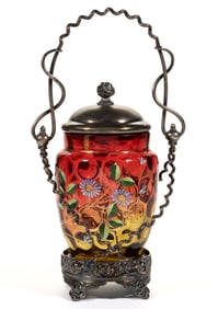 VICTORIAN SPOT-OPTIC AND ENAMEL-DECORATED GLASS PICKLE CASTER