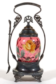 VICTORIAN SPOT-OPTIC AND ENAMEL-DECORATED GLASS PICKLE CASTER
