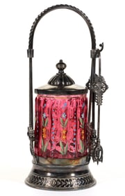 VICTORIAN RIBBED PILLAR AND ENAMEL-DECORATED GLASS PICKLE CASTER
