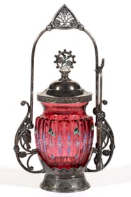 VICTORIAN RIBBED PILLAR AND ENAMEL-DECORATED GLASS PICKLE CASTER