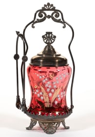 VICTORIAN SPOT-OPTIC AND ENAMEL-DECORATED GLASS PICKLE CASTER