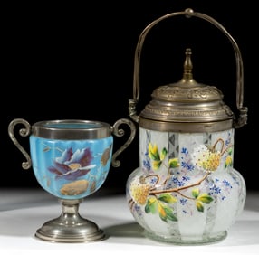 ASSORTED ENAMEL DECORATED GLASS ARTICLES, LOT OF TWO