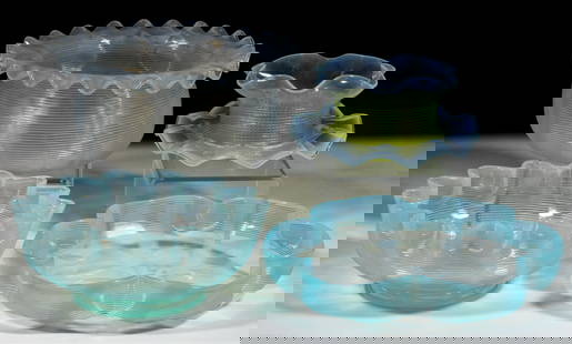 ASSORTED THREADED GLASS BOWLS AND UNDERPLATES, LOT OF FIVE: ASSORTED THREADED GLASS BOWLS AND UNDERPLATES, LOT OF FIVE, comprising a colorless threaded Diamond-Quilt finger bowl, a blue opalescent threaded bowl with matching saucer, and a colorless opalescent