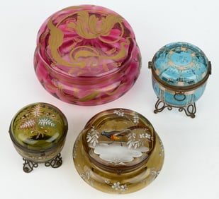 VICTORIAN ENAMEL-DECORATED GLASS JEWEL BOXES / DRESSER JARS, LOT OF FOUR