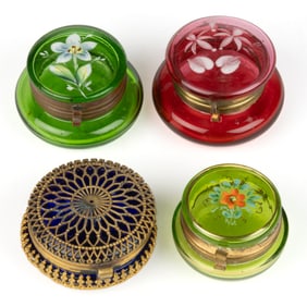 VICTORIAN ENAMEL-DECORATED GLASS PATCH BOXES / DRESSER JARS, LOT OF FOUR