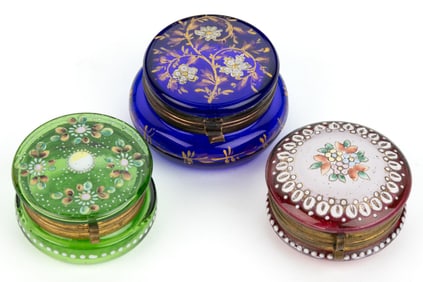 ASSORTED VICTORIAN ENAMEL-DECORATED PATCH BOXES, LOT OF THREE