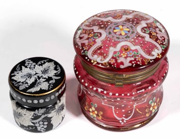 VICTORIAN ENAMEL-DECORATED GLASS DRESSER JARS / SMALL BOXES, LOT OF TWO