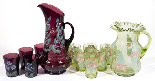 VICTORIAN ENAMEL-DECORATED WATER SETS, LOT OF 12